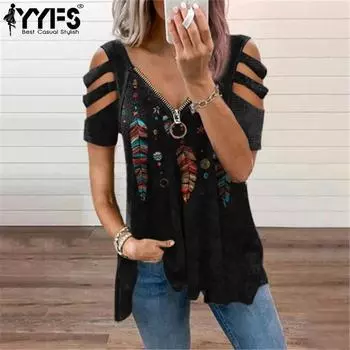 YYFS женские модные повседневные летние весенние блузки и рубашки с цветочным узором и коротким рукавом с v-образным вырезом S чёрный