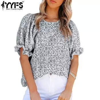 YYFS женские модные повседневные летние весенние блузки и рубашки с цветочным узором и коротким рукавом с круглым вырезом S чёрный