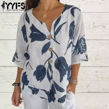 YYFS женские модные повседневные летние весенние блузки и рубашки с цветочным узором и коротким рукавом с v-образным вырезом S белый