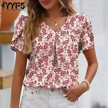 YYFS женские модные повседневные летние весенние блузки и рубашки с цветочным узором и коротким рукавом с v-образным вырезом S