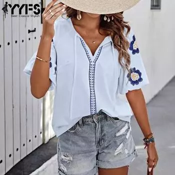 YYFS женские модные повседневные летние весенние блузки и рубашки с цветочным узором и коротким рукавом с v-образным вырезом S светло-синий