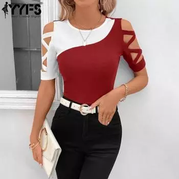 YYFS женские модные повседневные летние весенние блузки и рубашки с короткими рукавами и круглым вырезом с цветным принтом S