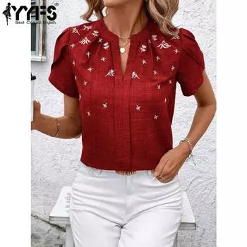 YYFS женские модные повседневные летние весенние блузки и рубашки с короткими рукавами и v-образным вырезом S бордовый