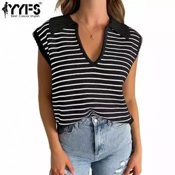 YYFS женские модные повседневные летние весенние блузки и рубашки с короткими рукавами и v-образным вырезом в полоску с принтом S чёрный