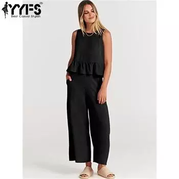 YYFS Женские модные повседневные летние весенние брюки без рукавов с круглым вырезом и брюками костюмы S чёрный