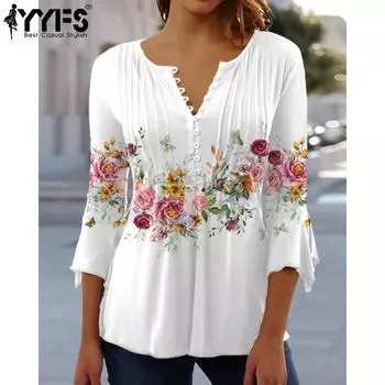 YYFS женские модные повседневные летние весенние цветочные узоры с рукавами 3/4 и v-образным вырезом блузки и рубашки S белый
