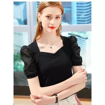 YYFS женские модные повседневные летние весенние однотонные блузки и рубашки с короткими рукавами и v-образным вырезом с принтом S чёрный