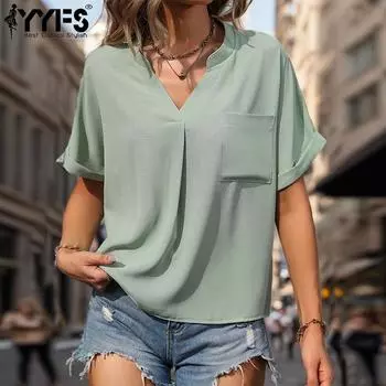 YYFS женские модные повседневные летние весенние однотонные блузки и рубашки с короткими рукавами и v-образным вырезом с принтом S светло-зеленый