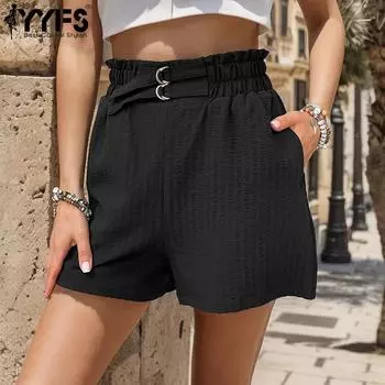 YYFS женские модные повседневные летние весенние однотонные шорты со средней талией и принтом S чёрный