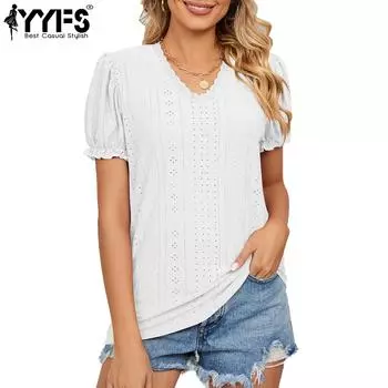 YYFS женские модные повседневные летние весенние однотонные блузки и рубашки с короткими рукавами и v-образным вырезом с принтом S