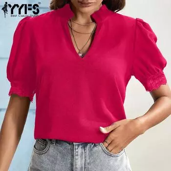 YYFS женские модные повседневные летние весенние однотонные блузки и рубашки с короткими рукавами и v-образным вырезом с принтом S чёрный