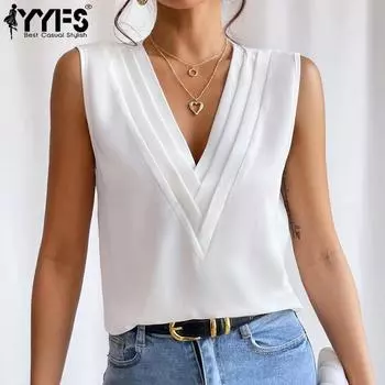 YYFS женские модные повседневные летние весенние однотонные блузки и рубашки без рукавов с v-образным вырезом и принтом S белый