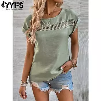 YYFS женские модные повседневные летние весенние однотонные блузки и рубашки с короткими рукавами и круглым вырезом с принтом