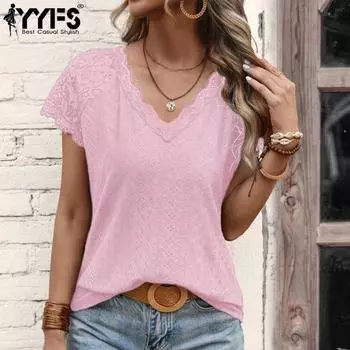 YYFS женские модные повседневные летние весенние однотонные блузки и рубашки с короткими рукавами и v-образным вырезом с принтом S белый