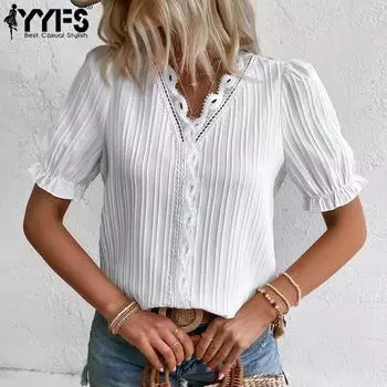 YYFS женские модные повседневные летние весенние однотонные блузки и рубашки с короткими рукавами и v-образным вырезом с принтом S белый