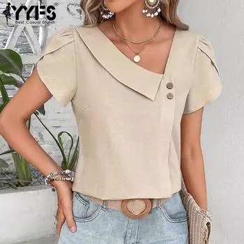YYFS женские модные повседневные летние весенние однотонные блузки и рубашки с короткими рукавами с принтом L чёрный