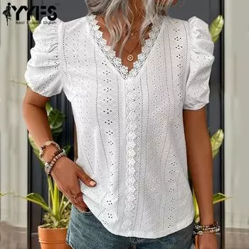 YYFS Женские модные повседневные летние весенние однотонные блузки и рубашки с короткими рукавами и кружевным v-образным вырезом с принтом S белый