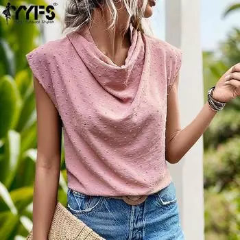 YYFS Женские модные повседневные летние весенние однотонные блузки и рубашки без рукавов с принтом в горошек S розовый