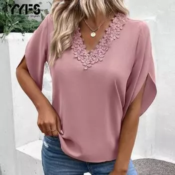 YYFS женские модные повседневные летние весенние однотонные блузки и рубашки с рукавами 1/2 и v-образным вырезом с принтом S чёрный