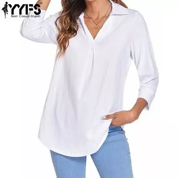 YYFS женские модные повседневные летние весенние однотонные принты с рукавами 3/4 и воротником-поло блузки и рубашки S