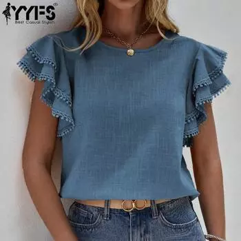 YYFS женские модные повседневные летние весенние однотонные блузки и рубашки с короткими рукавами и круглым вырезом с принтом S чёрный
