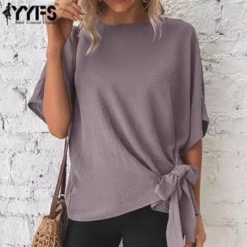 YYFS женские модные повседневные летние весенние однотонные блузки и рубашки с круглым вырезом и рукавами 1/2 с принтом S чёрный