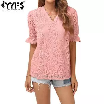 YYFS женские модные повседневные летние весенние однотонные блузки и рубашки с короткими рукавами и v-образным вырезом с принтом
