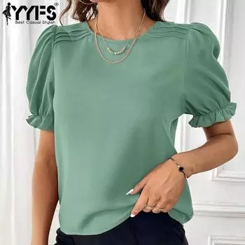 YYFS женские модные повседневные летние весенние однотонные блузки и рубашки с короткими рукавами и круглым вырезом с принтом S чёрный