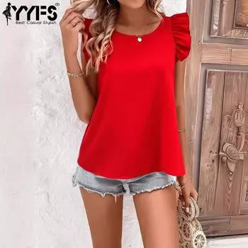 YYFS женские модные повседневные летние весенние однотонные блузки и рубашки с короткими рукавами и круглым вырезом с принтом S чёрный