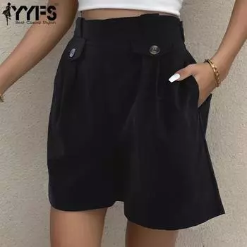 YYFS женские модные повседневные летние весенние однотонные шорты с высокой талией и принтом S чёрный