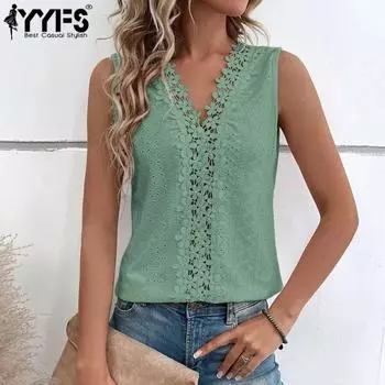 YYFS женские модные повседневные летние весенние однотонные блузки и рубашки без рукавов с v-образным вырезом и принтом S белый