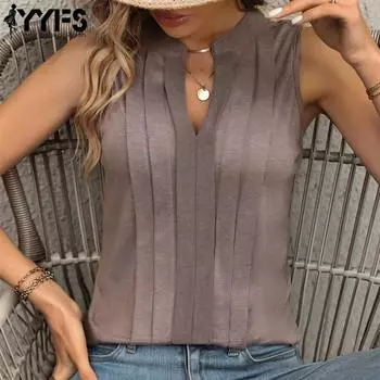 YYFS женские модные повседневные летние весенние однотонные блузки и рубашки без рукавов с v-образным вырезом и принтом S белый