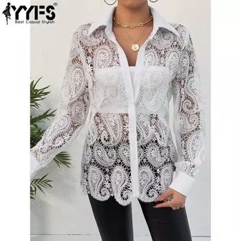 YYFS женские модные повседневные летние весенние однотонные кружевные рубашки-поло с длинными рукавами и воротником-поло, блузки и рубашки