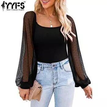 YYFS Женские модные повседневные летние весенние однотонные блузки и рубашки с круглым вырезом и длинными рукавами с принтом S чёрный