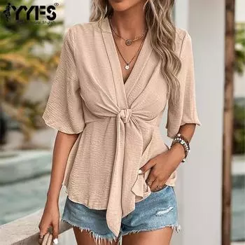 YYFS женские модные повседневные летние весенние однотонные блузки и рубашки с короткими рукавами и v-образным вырезом с принтом S абрикосовый