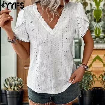 YYFS женские модные повседневные летние весенние однотонные блузки и рубашки с короткими рукавами и v-образным вырезом с принтом S белый