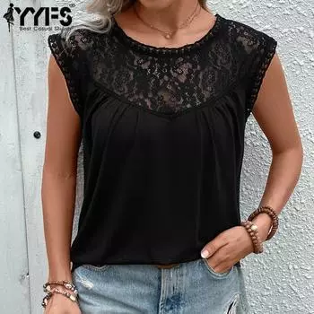 YYFS Женская мода Повседневная Летняя Весна Однотонные кружевные принты Без рукавов О-образный вырез Блузки и рубашки S чёрный