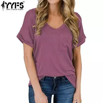 YYFS женские модные повседневные летние весенние однотонные блузки и рубашки с короткими рукавами и v-образным вырезом с принтом S
