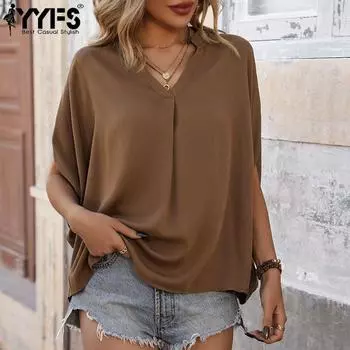 YYFS женские модные повседневные летние весенние однотонные блузки и рубашки с короткими рукавами и v-образным вырезом с принтом S кофейный