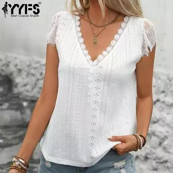 YYFS женские модные повседневные летние весенние однотонные блузки и рубашки без рукавов с v-образным вырезом и принтом S белый