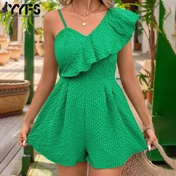 YYFS Женские модные повседневные летние весенние однотонные комбинезоны и комбинезоны без рукавов с v-образным вырезом и высокой талией S зелёный