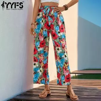 YYFS женские модные повседневные летние весенние однотонные брюки с высокой талией и принтом, брюки и капри S зелёный