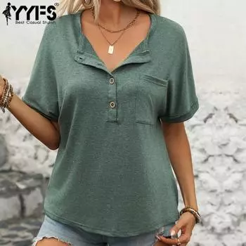 YYFS женские модные повседневные летние весенние однотонные блузки и рубашки с короткими рукавами и круглым вырезом с принтом S зелёный