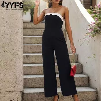 YYFS Женские модные повседневные летние весенние однотонные принтованные комбинезоны без рукавов со средней линией талии и комбинезоны S чёрный
