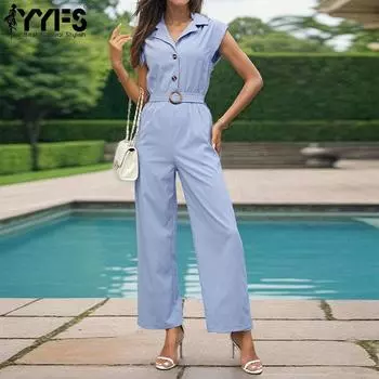 YYFS Женские модные повседневные летние весенние однотонные принты с коротким рукавом и воротником-поло комбинезоны и комбинезоны S синий