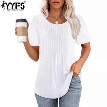 YYFS женские модные повседневные летние весенние однотонные блузки и рубашки с короткими рукавами и круглым вырезом с принтом S белый