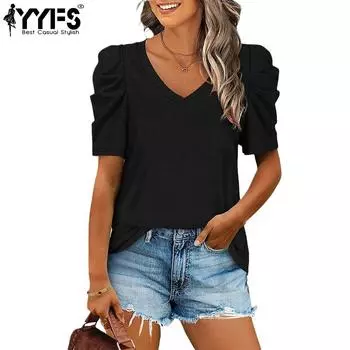 YYFS женские модные повседневные летние весенние однотонные блузки и рубашки с короткими рукавами и v-образным вырезом с принтом S чёрный
