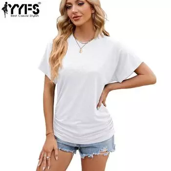 YYFS женские модные повседневные летние весенние однотонные блузки и рубашки с короткими рукавами и круглым вырезом с принтом S белый