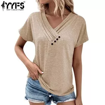 YYFS женские модные повседневные летние весенние однотонные блузки и рубашки с короткими рукавами и v-образным вырезом с принтом S белый