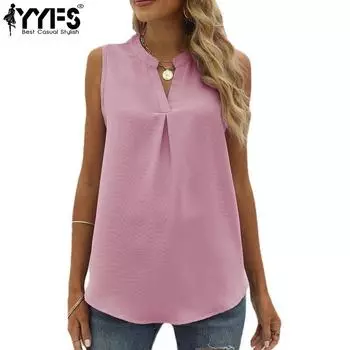 YYFS женские модные повседневные летние весенние однотонные блузки и рубашки без рукавов с v-образным вырезом и принтом S розовый